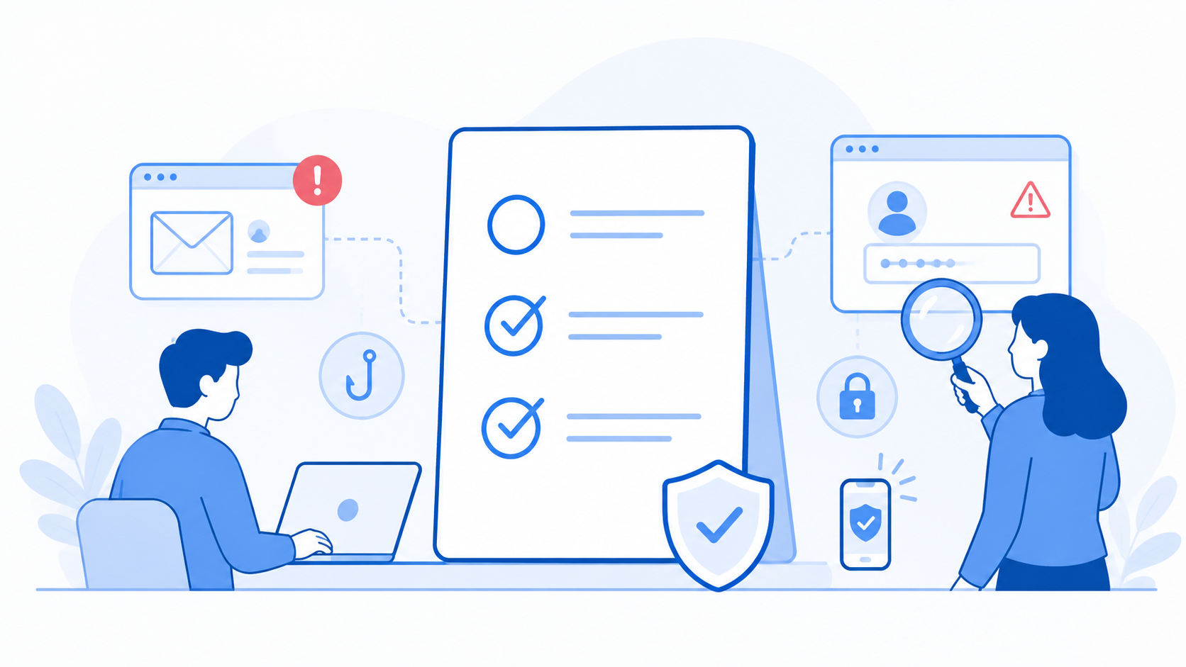 Illustration zu Security Awareness Training mit Phishing-Erkennung, Checkliste und Schutzsymbolen